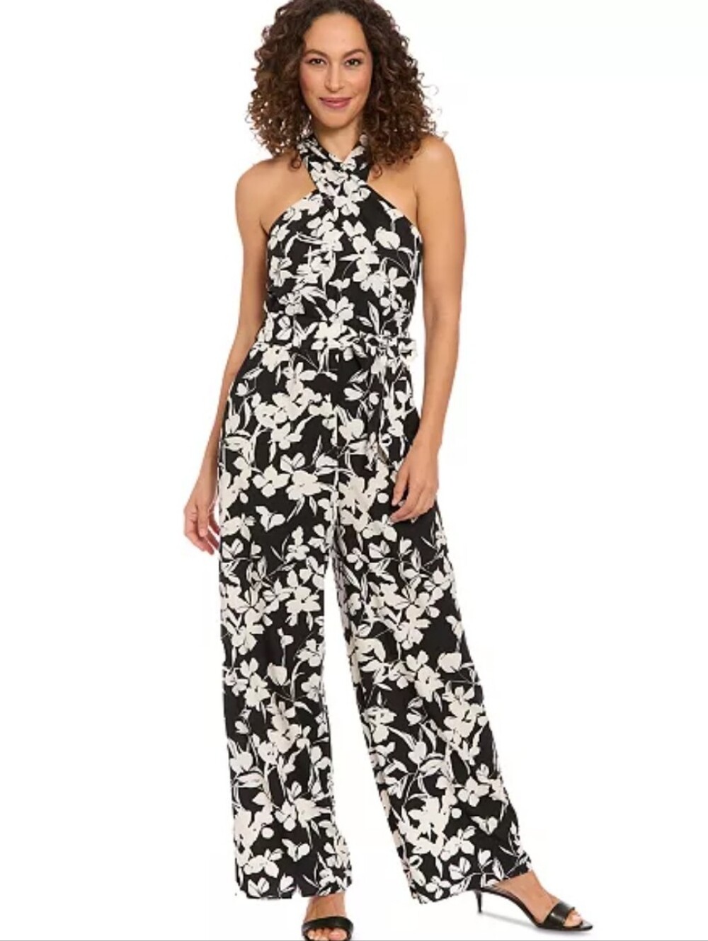 NWT London Times Petites Black White Floral Halter Maxi Dress Size 10P Career